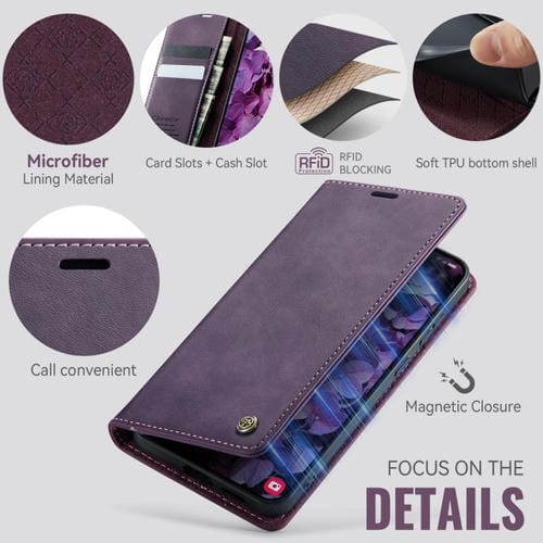 Funda para Samsung Galaxy S25 Edge CaseMe 033 con forro de piel de becerro, microfibra y bloqueo RFID (morado)