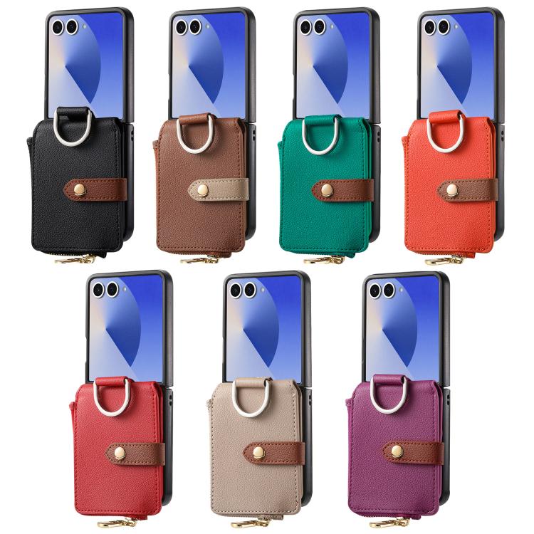 Funda tipo cartera con cremallera vertical y anillo con textura de lichi para Samsung Galaxy Z Flip7 5G (caqui)