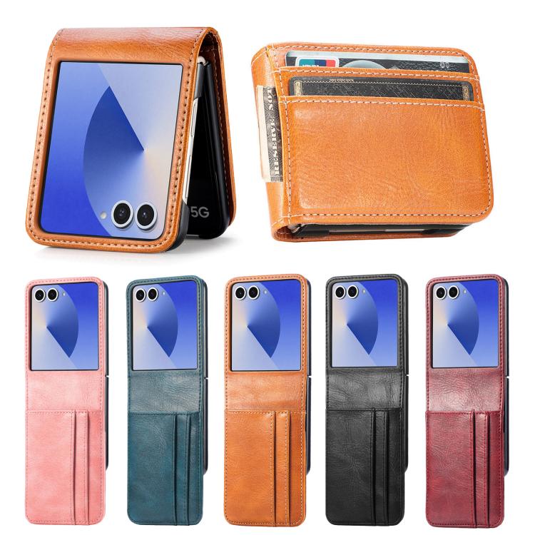 Funda de cuero con ranura para tarjetas y tapa vertical para Samsung Galaxy Z Flip7 5G (rosa)