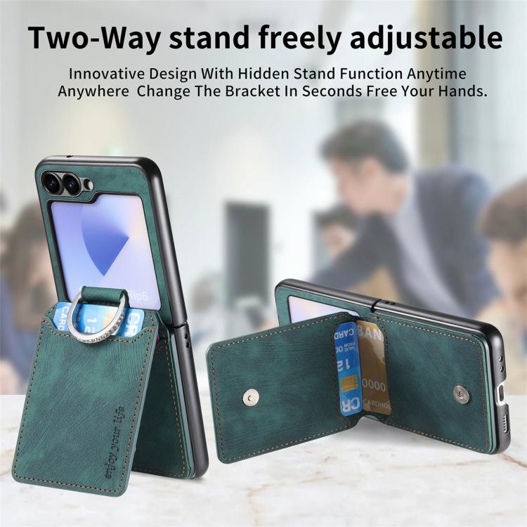 Funda tipo cartera con tapa vertical y anillo de cuero retro para Samsung Galaxy Z Flip5 5G (verde)