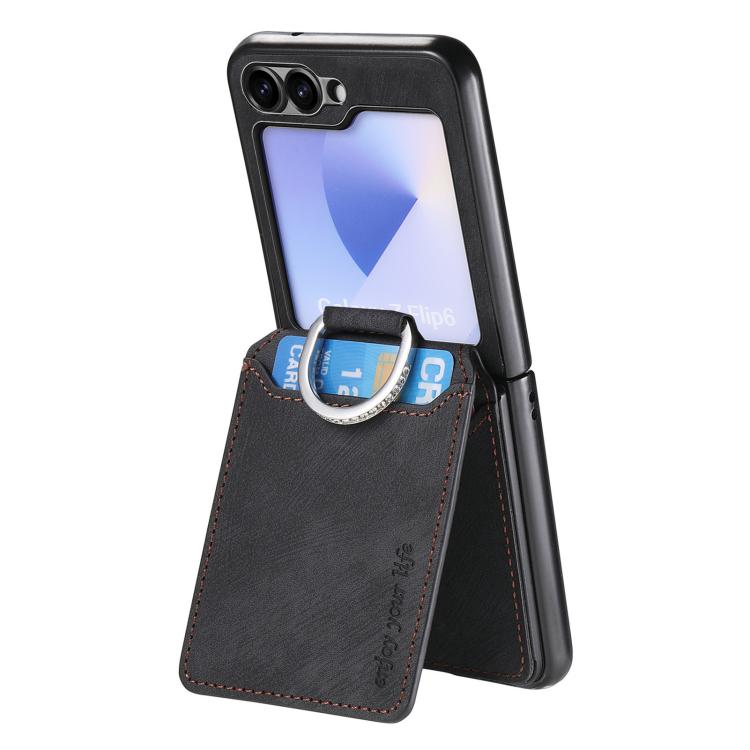 Funda tipo cartera con tapa vertical y anillo de cuero retro para Samsung Galaxy Z Flip6 5G (negra)