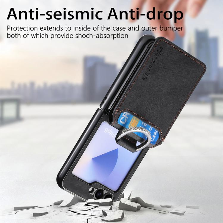 Funda tipo cartera con tapa vertical y anillo de cuero retro para Samsung Galaxy Z Flip6 5G (negra)