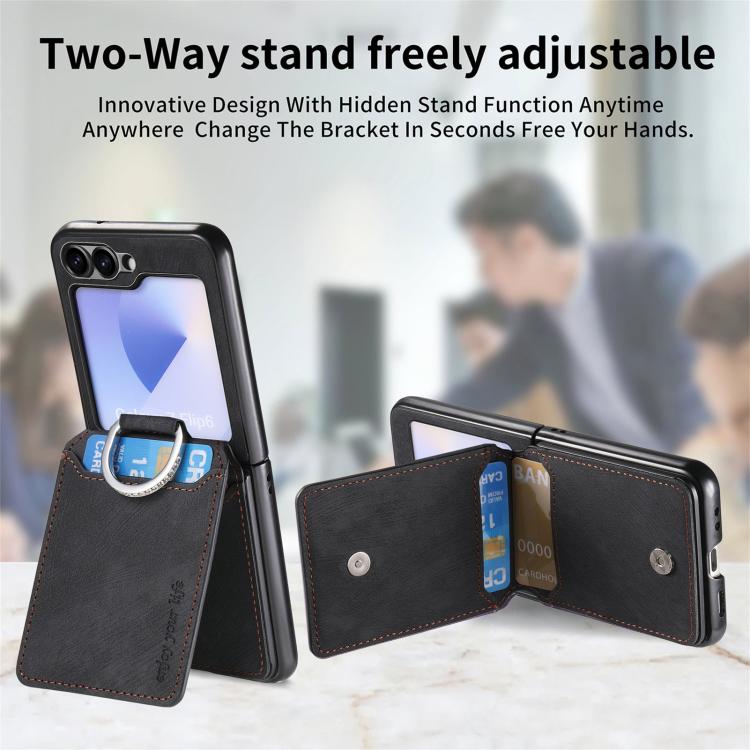 Funda tipo cartera con tapa vertical y anillo de cuero retro para Samsung Galaxy Z Flip6 5G (negra)