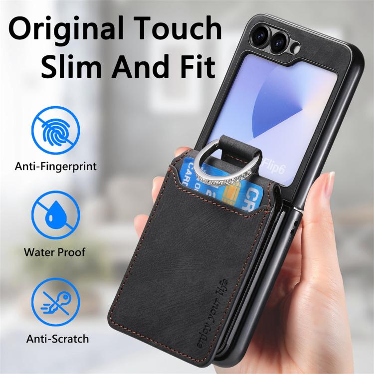 Funda tipo cartera con tapa vertical y anillo de cuero retro para Samsung Galaxy Z Flip6 5G (negra)