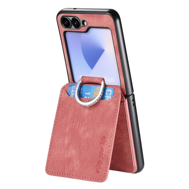 Funda tipo cartera con tapa vertical y anillo de cuero retro para Samsung Galaxy Z Flip6 5G (rosa)