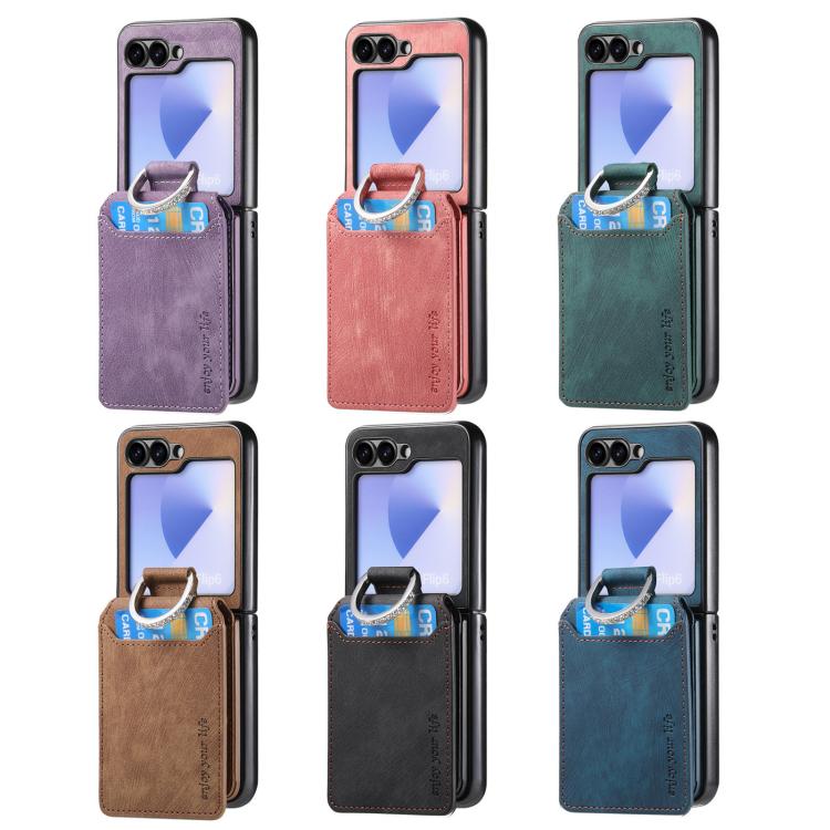 Funda tipo cartera con tapa vertical y anillo de cuero retro para Samsung Galaxy Z Flip7 5G (negro)