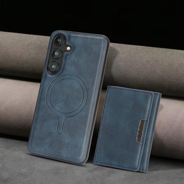 Funda de cuero plegable triple Kalebol con imán fuerte MagSafe para Samsung Galaxy S25+ 5G (azul)