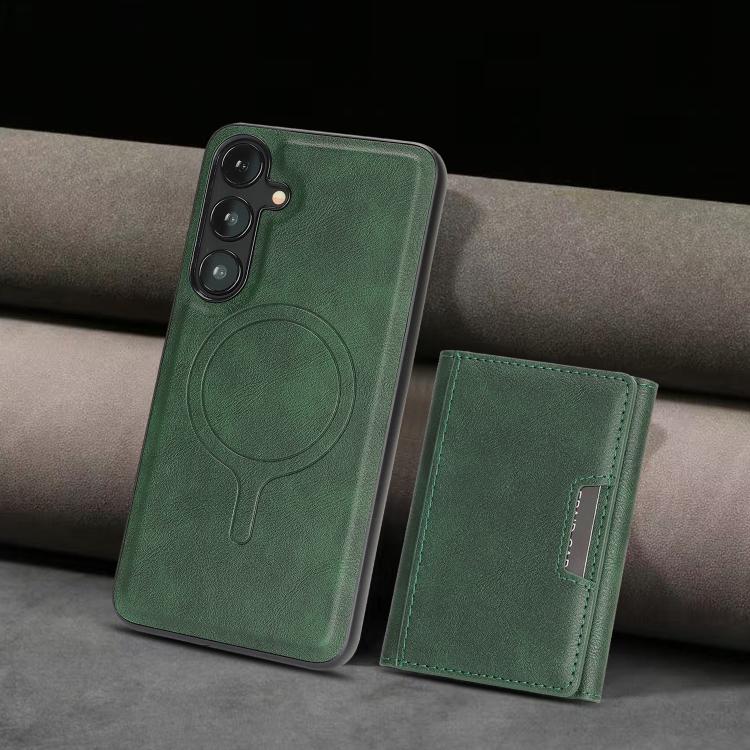 Funda de cuero plegable triple Kalebol con imán fuerte MagSafe para Samsung Galaxy S25+ 5G (verde)