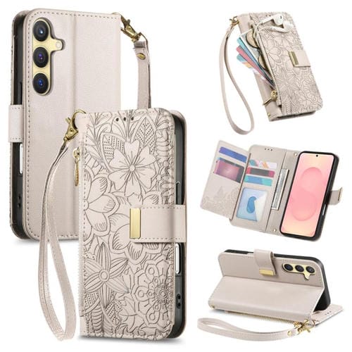 Funda de cuero con cremallera y correa para Samsung Galaxy S25+ 5G, diseño de flores y hojas (caqui)