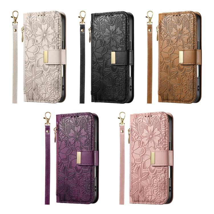 Funda de cuero con cremallera y correa para Samsung Galaxy S23 5G, diseño de flores y hojas (rosa)