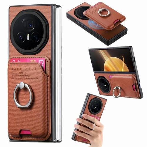 Funda para teléfono con anillo magnético y parte trasera de tela sarga para Honor Magic V3 (marrón)