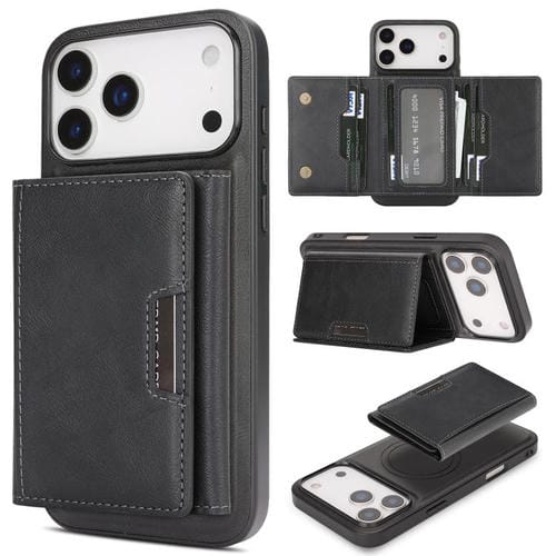 Funda de cuero plegable triple Kalebol con imán fuerte MagSafe para iPhone 17 Pro (negra)