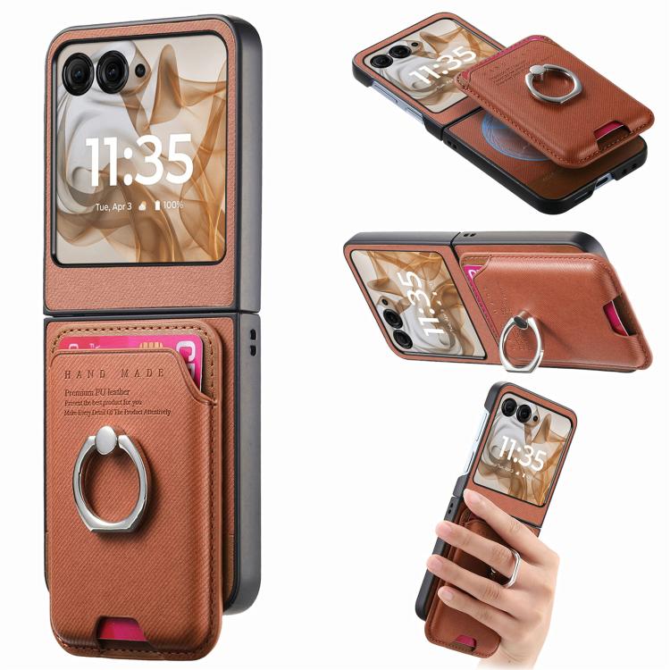 Funda de tela sarga con anillo magnético para Motorola Moto Razr 50/60 (marrón)