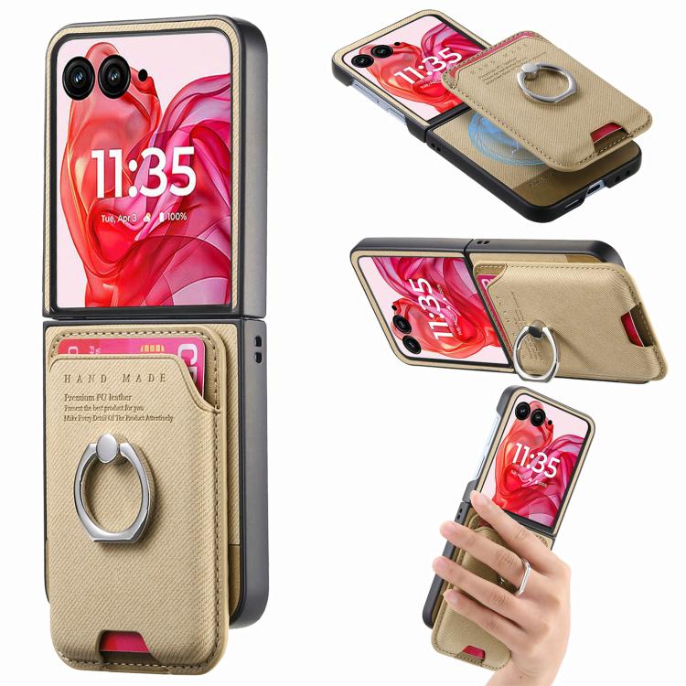 Funda magnética para Motorola Moto Razr 50 Ultra, de tela sarga, con anillo para tarjetas (caqui)