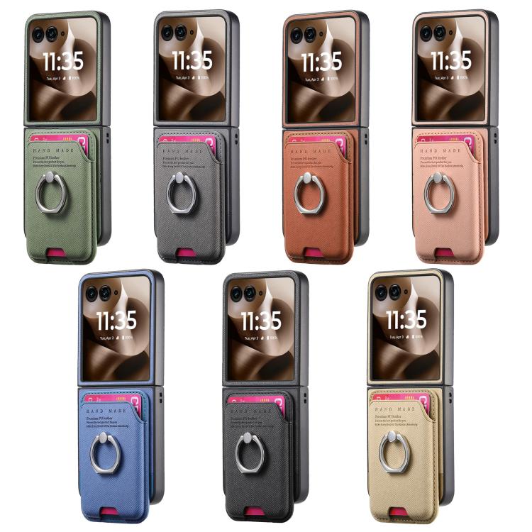 Funda magnética con anillo para Motorola Moto Razr 50 Ultra, de tela sarga, con ranuras para tarjetas (azul)