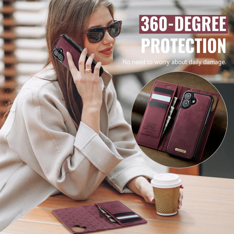 Funda de cuero desmontable CaseMe C49 con bloqueo RFID MagSafe para iPhone 16 (roja)