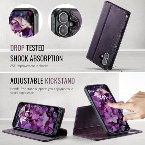 Funda de cuero desmontable CaseMe C49 con bloqueo RFID MagSafe para iPhone 16 (morado)