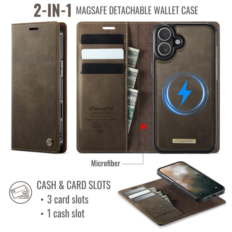 Funda de cuero desmontable CaseMe C49 con bloqueo RFID MagSafe para iPhone 16 Plus (café)
