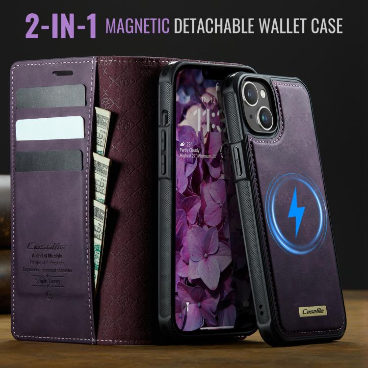 Funda de cuero desmontable CaseMe C49 con bloqueo RFID MagSafe para iPhone 15 (morado)