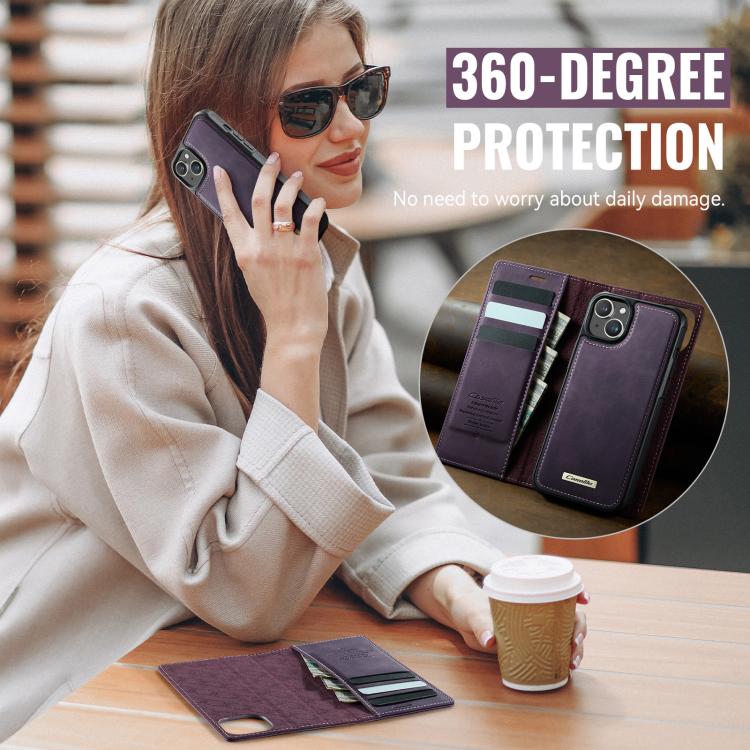 Funda de cuero desmontable CaseMe C49 con bloqueo RFID MagSafe para iPhone 15 (morado)