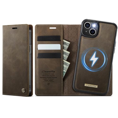 Funda de cuero desmontable CaseMe C49 con bloqueo RFID MagSafe para iPhone 15 Plus/14 Plus (café)