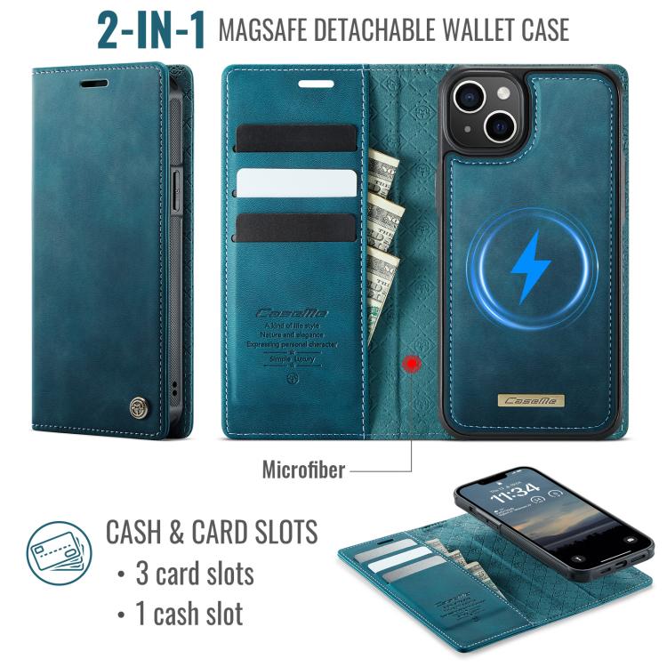 Funda de cuero desmontable CaseMe C49 con bloqueo RFID MagSafe para iPhone 15 Plus/14 Plus (verde)