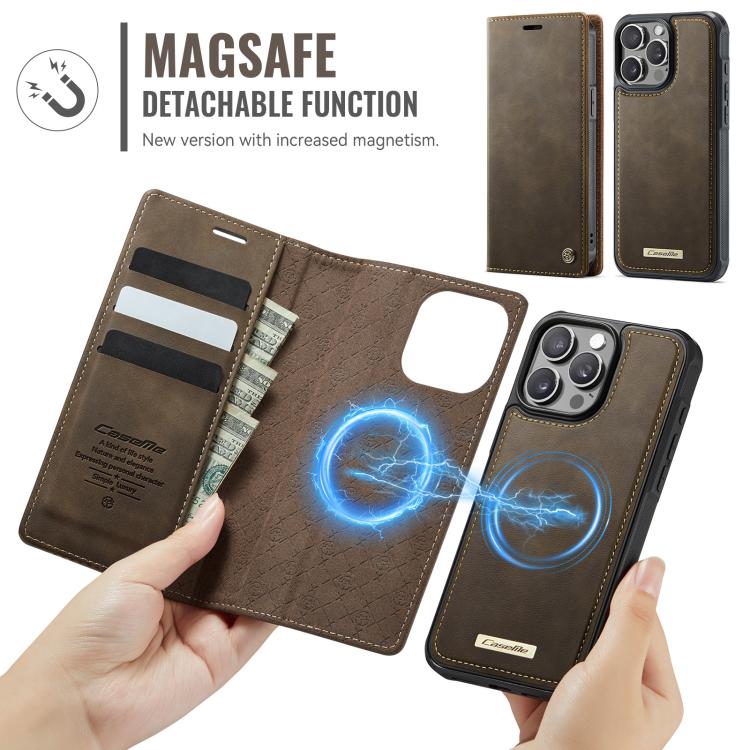Funda de cuero desmontable CaseMe C49 con bloqueo RFID MagSafe para iPhone 15 Pro Max (café)