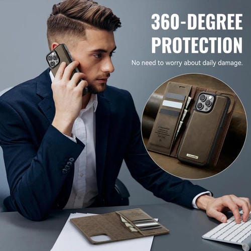Funda de cuero desmontable CaseMe C49 con bloqueo RFID MagSafe para iPhone 15 Pro Max (café)
