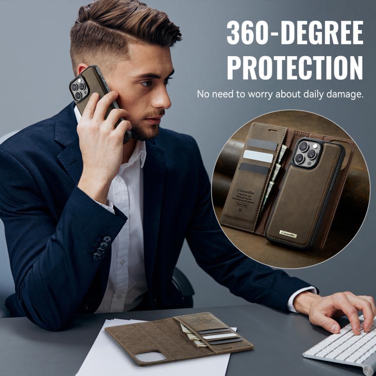 Funda de cuero desmontable CaseMe C49 con bloqueo RFID MagSafe para iPhone 15 Pro Max (café)