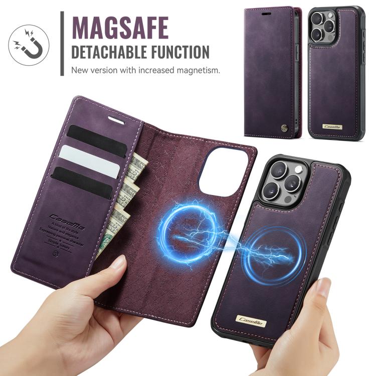 Funda de cuero desmontable CaseMe C49 con bloqueo RFID MagSafe para iPhone 15 Pro Max (morado)