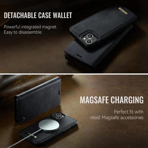Funda de cuero desmontable CaseMe C49 con bloqueo RFID MagSafe para iPhone 14 (negra)