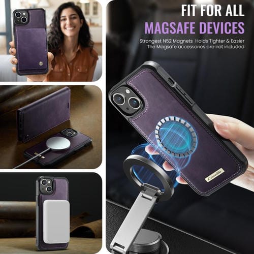 Funda de cuero desmontable CaseMe C49 con bloqueo RFID MagSafe para iPhone 14 (morado)