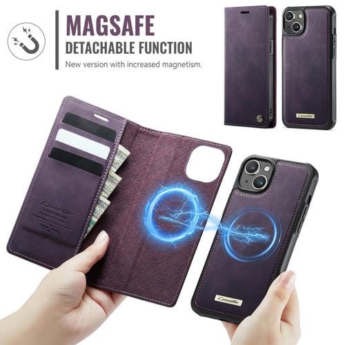 Funda de cuero desmontable CaseMe C49 con bloqueo RFID MagSafe para iPhone 14 (morado)