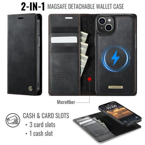 Funda de cuero desmontable CaseMe C49 con bloqueo RFID MagSafe para iPhone 13 (negra)