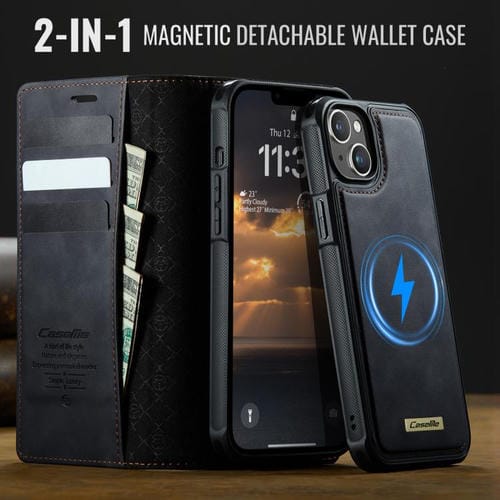 Funda de cuero desmontable CaseMe C49 con bloqueo RFID MagSafe para iPhone 13 (negra)