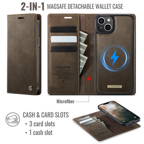 Funda de cuero desmontable CaseMe C49 con bloqueo RFID MagSafe para iPhone 13 (café)