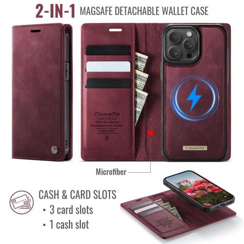 Funda de cuero desmontable CaseMe C49 con bloqueo RFID MagSafe para iPhone 13 Pro Max (roja)