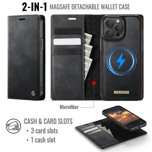 Funda de cuero desmontable CaseMe C49 con bloqueo RFID MagSafe para iPhone 13 Pro Max (negra)