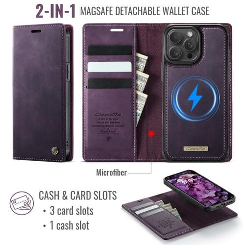 Funda de cuero desmontable CaseMe C49 para iPhone 13 Pro Max con bloqueo RFID MagSafe (morado)