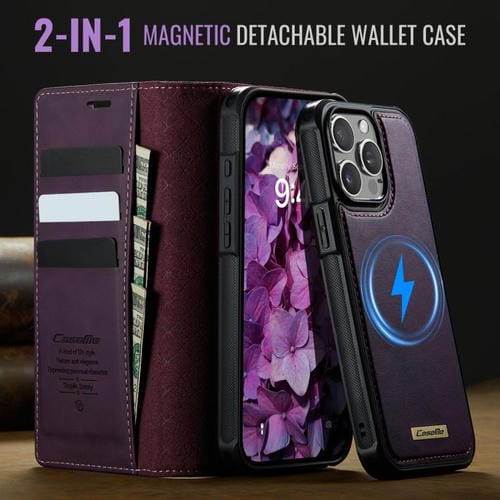 Funda de cuero desmontable CaseMe C49 para iPhone 13 Pro Max con bloqueo RFID MagSafe (morado)