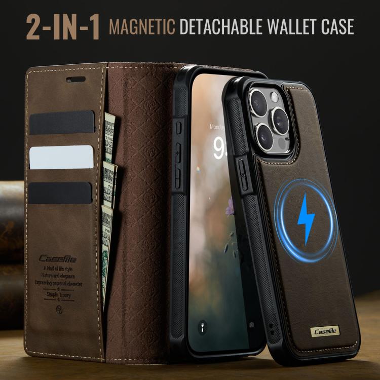 Funda de cuero desmontable CaseMe C49 con bloqueo RFID MagSafe para iPhone 12 Pro Max (café)