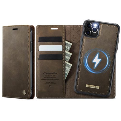 Funda de cuero desmontable CaseMe C49 con bloqueo RFID MagSafe para iPhone 11 Pro (café)