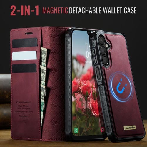 Funda de cuero desmontable con bloqueo RFID magnético CaseMe C49 para Samsung Galaxy A15 (roja)