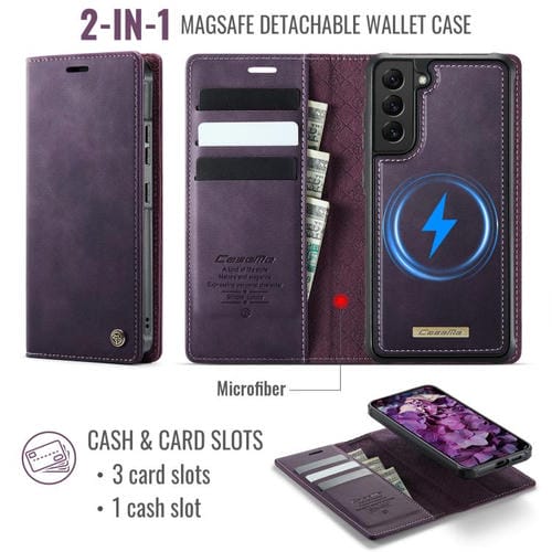 Funda de cuero desmontable con bloqueo RFID magnético para Samsung Galaxy S22 5G CaseMe C49 (morado)