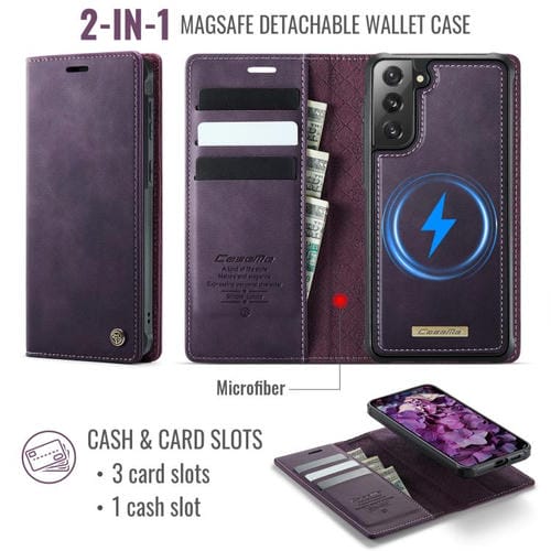 Funda de cuero desmontable con bloqueo RFID magnético para Samsung Galaxy S21 5G CaseMe C49 (morado)