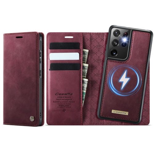 Funda de cuero desmontable con bloqueo RFID magnético para Samsung Galaxy S21 Ultra 5G CaseMe C49 (roja)