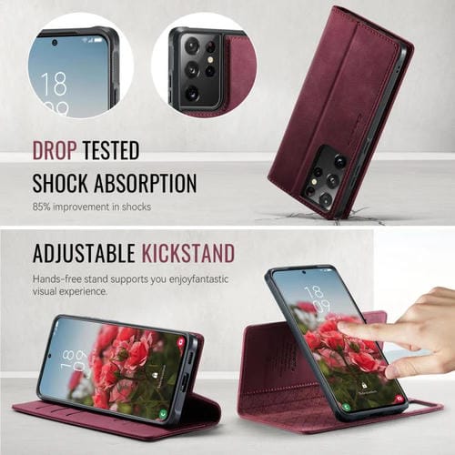 Funda de cuero desmontable con bloqueo RFID magnético para Samsung Galaxy S21 Ultra 5G CaseMe C49 (roja)