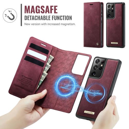 Funda de cuero desmontable con bloqueo RFID magnético para Samsung Galaxy S21 Ultra 5G CaseMe C49 (roja)
