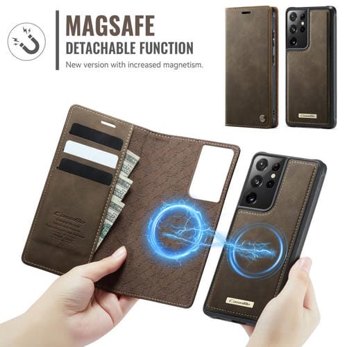 Funda de cuero desmontable con bloqueo RFID magnético para Samsung Galaxy S21 Ultra 5G CaseMe C49 (café)