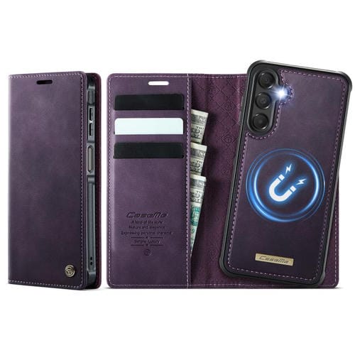 Funda de cuero desmontable con bloqueo RFID magnético para Samsung Galaxy A14 5G / M44 CaseMe C49 (morado)